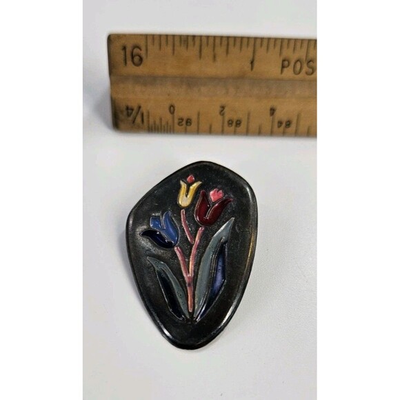 Vintage Sterling Silver Enamel Tulip Flowers Made In Israel Brooch Pin Pendant - Picture 8 of 13